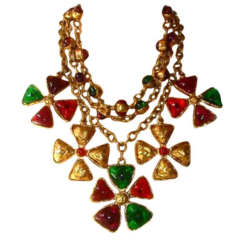 Chanel 70
s Gripoix Glass 3-row Maltese Cross Necklace