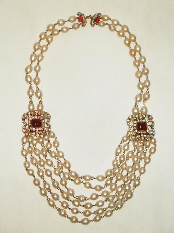 Chanel Faux Pearl and Red Gripoix Glass Strand Necklace at 1stdibs