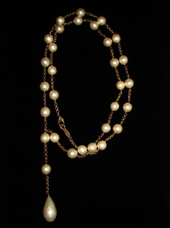 Chanel White Faux Pearl Golden Chain Necklace 1