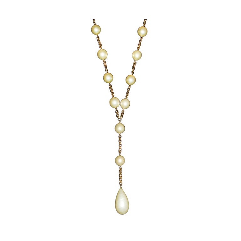 Chanel White Faux Pearl Golden Chain Necklace