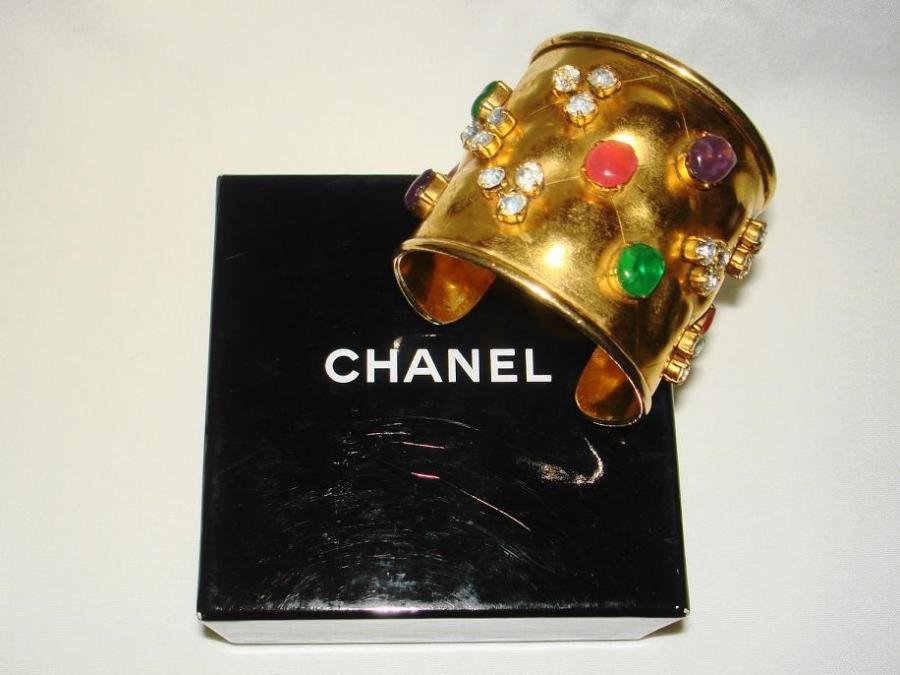 Chanel Multi Poured Glass Golden Cuff Bracelet 7