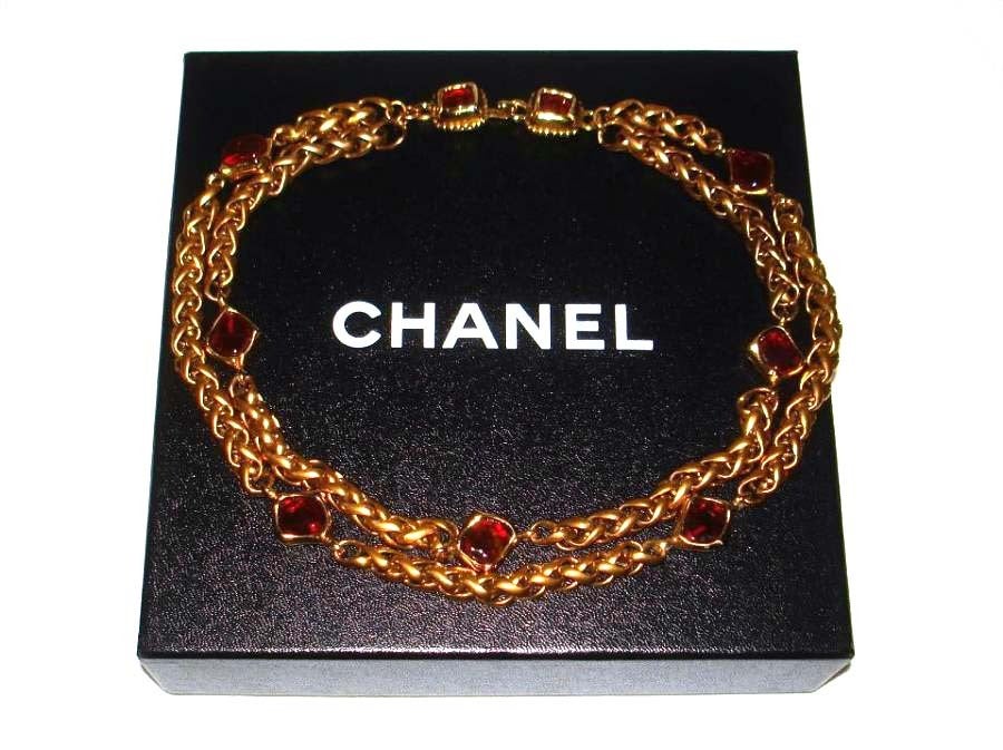 CHANEL Vintage '70s Double Chain Link & Red Gripoix Choker Necklace 1