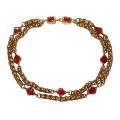 Chanel Double Golden Chain Choker With Red Gripoix Glass 7