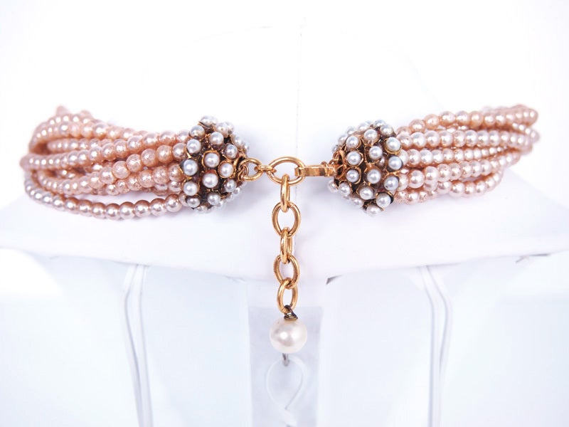 Chanel 1987 White/Green/Yellow Multi-Strand Pearl Necklace In Fair Condition In New York, NY