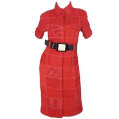 CHANEL Red Tweed Shortsleeve Coat Dress With Patent Leather Belt