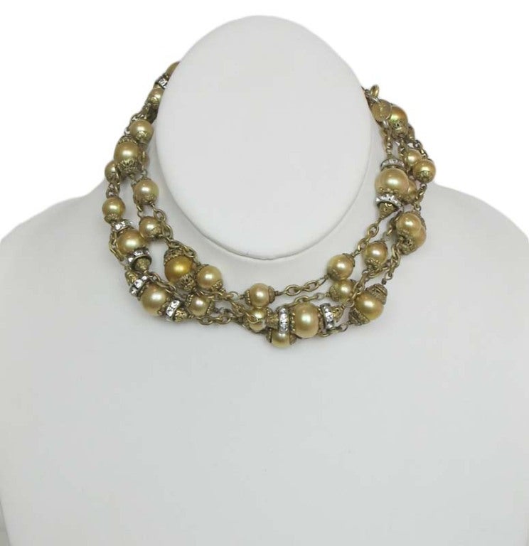 CHANEL Three Star Couture Goosens Gold Pearl Necklace In Excellent Condition In New York, NY