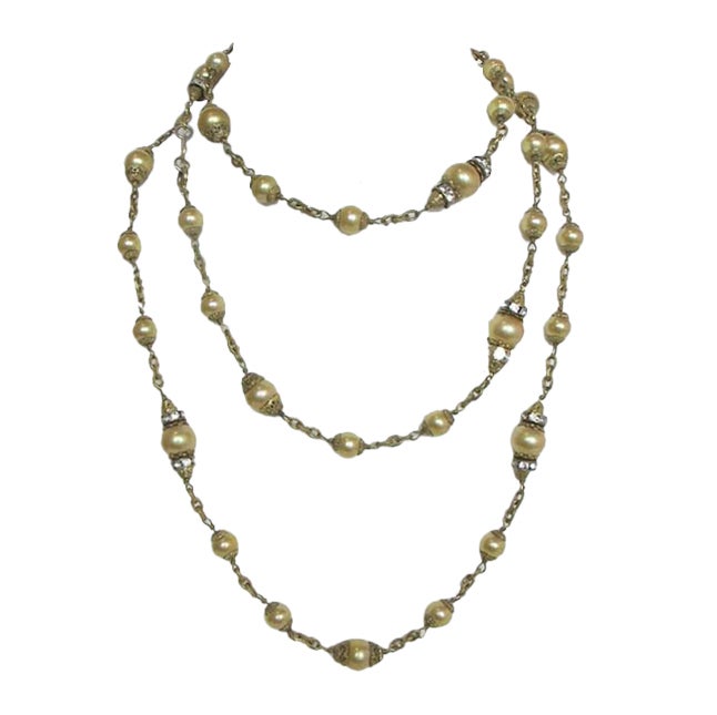 CHANEL Three Star Couture Goosens Gold Pearl Necklace