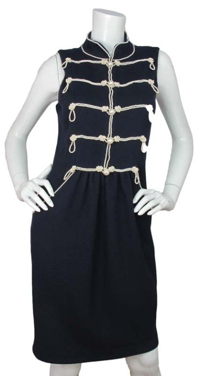 CHANEL Navy Sleeveless Dress With Pearls