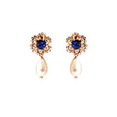 Chanel Blue Gripoix, Rhinestone Floral Earrings With Pearl