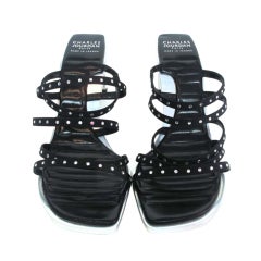 CHARLES JOURDAN Black Grosgrain Strappy Heels With Alloy Bottom