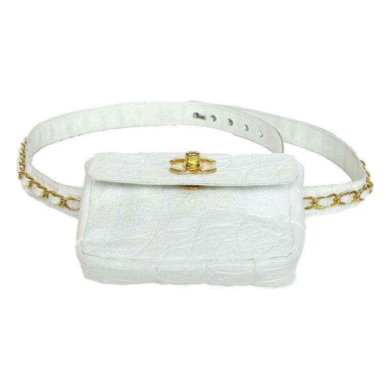 CHANEL White Crocodile Leather Belt Bag