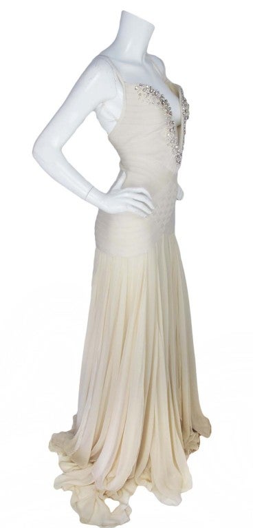 HERVE LEGER Cream Gown With Crystal Top SZ - S at 1stdibs