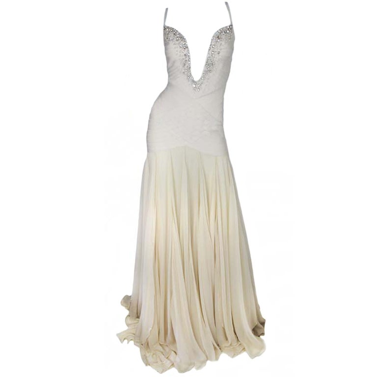 HERVE LEGER Cream Gown With Crystal Top SZ - S