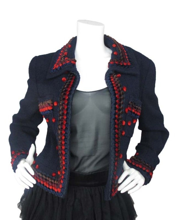 CHANEL Navy Boucle Jacket With Red/Brown/Mavy Balls