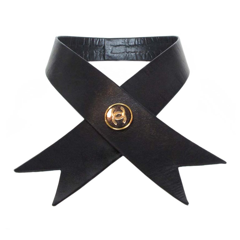 CHANEL Black Leather Wrap Around Neck Tie W. Goldtone CC