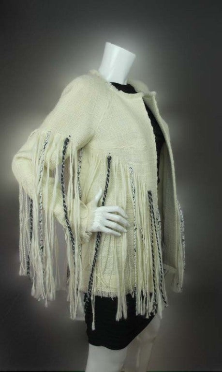 Chanel Rare Cream & Black Boucle Jacket With Fringes In Excellent Condition In New York, NY