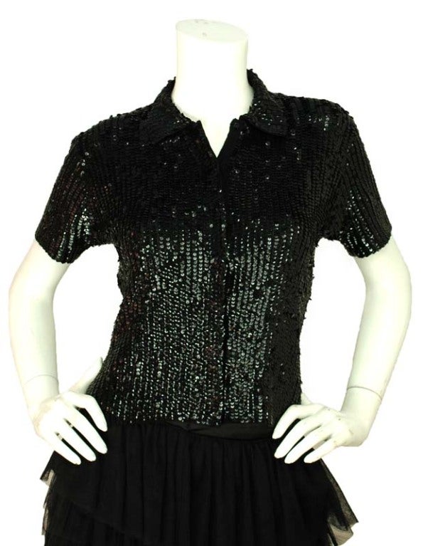 OSCAR DE LA RENTA Black Sequins Short Sleeve Top
