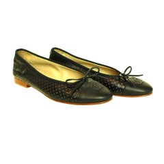 CHANEL Black Perforated Leather Ballet Flats