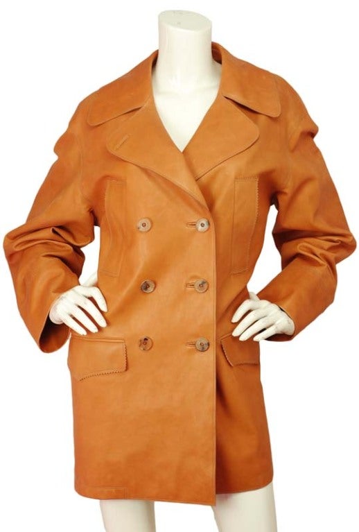 HERMES Camel Double Breasted Leather Jacket