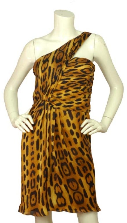 Oscar De La Renta Leopard Print Silk One Sleeve Dress