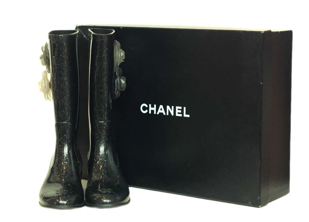 Women's CHANEL Black Glitter Rainboots With Camelias