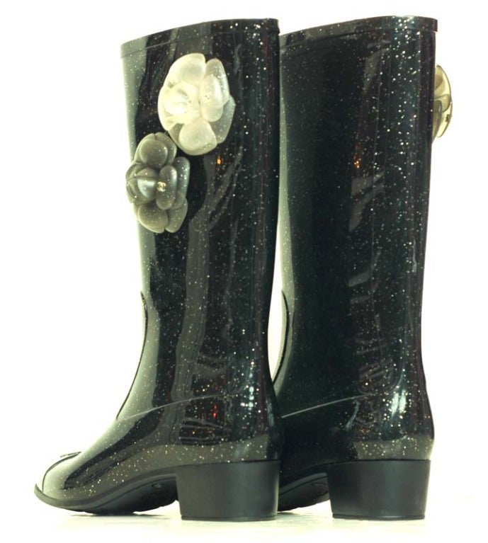 CHANEL Black Glitter Rainboots With Camelias 1