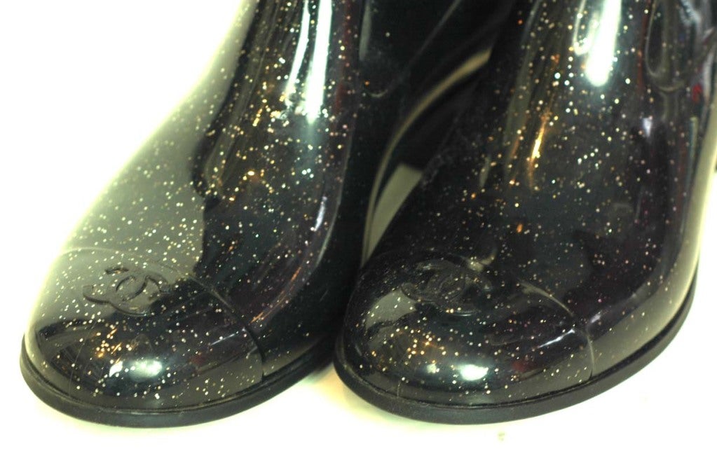 CHANEL Black Glitter Rainboots With Camelias 2