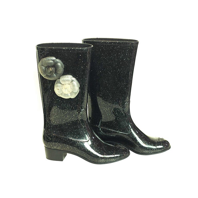 CHANEL Black Glitter Rainboots With Camelias