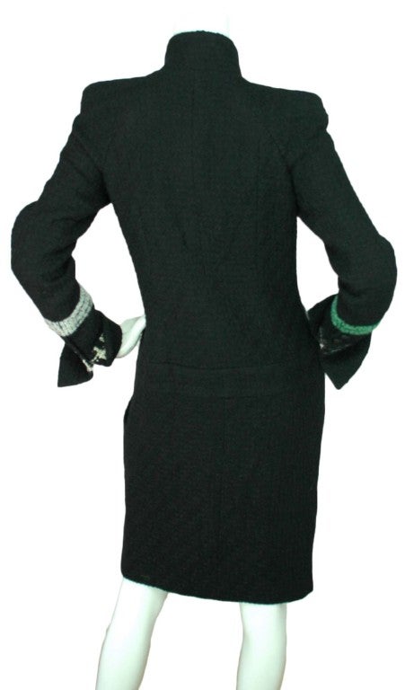 CHANEL '09 Black/Green Tweed Wool Coat Dress With Poured Glass Belt In Excellent Condition In New York, NY