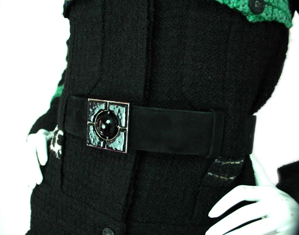 CHANEL '09 Black/Green Tweed Wool Coat Dress With Poured Glass Belt 1