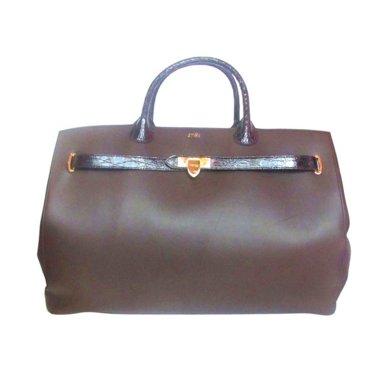 ASPREY Brown 1781 Calf Leather Weekender With Crocodile Trim
