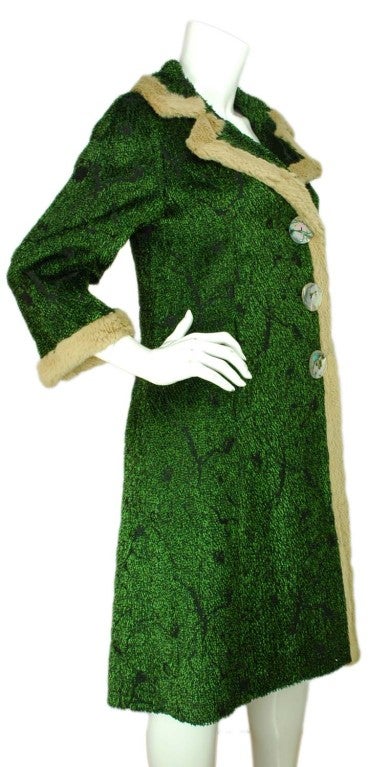JOHN GALLIANO Fuzzy Green Coat with Rex Rabbit Trim - Size 6