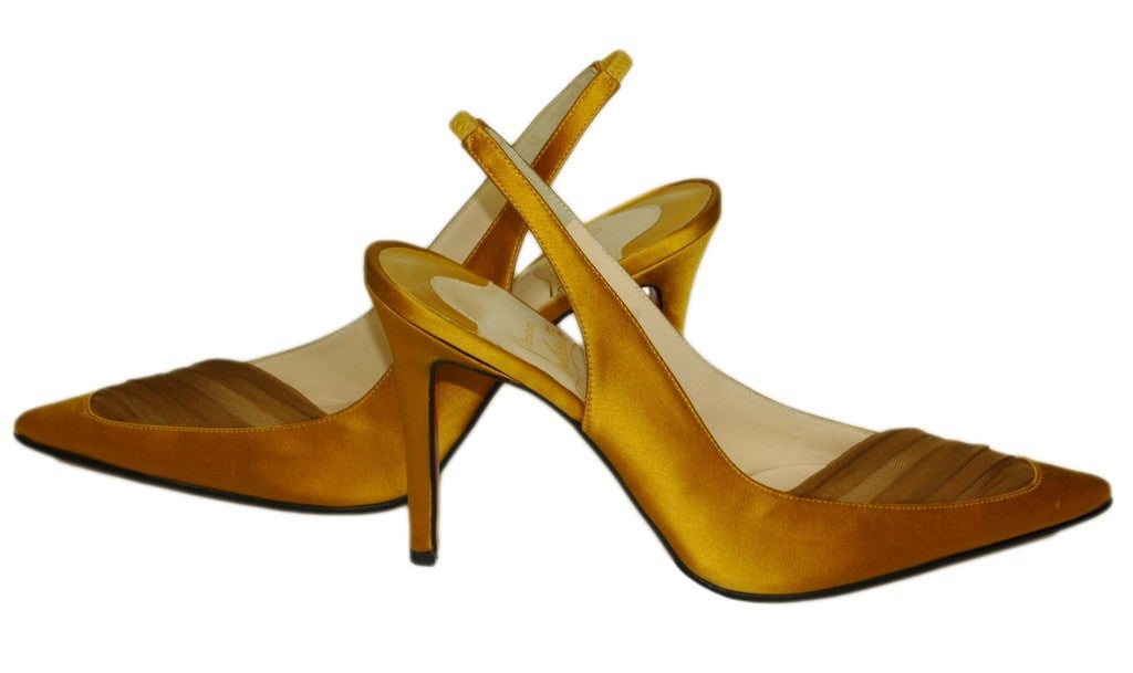 Women's CHRISTIAN LOUBOUTIN Gold Satin Slingbacks with Lace Detail