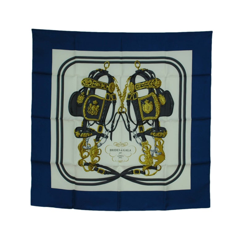 HERMES Ivory and Navy "Brides De Gala" Silk Scarf at 1stdibs