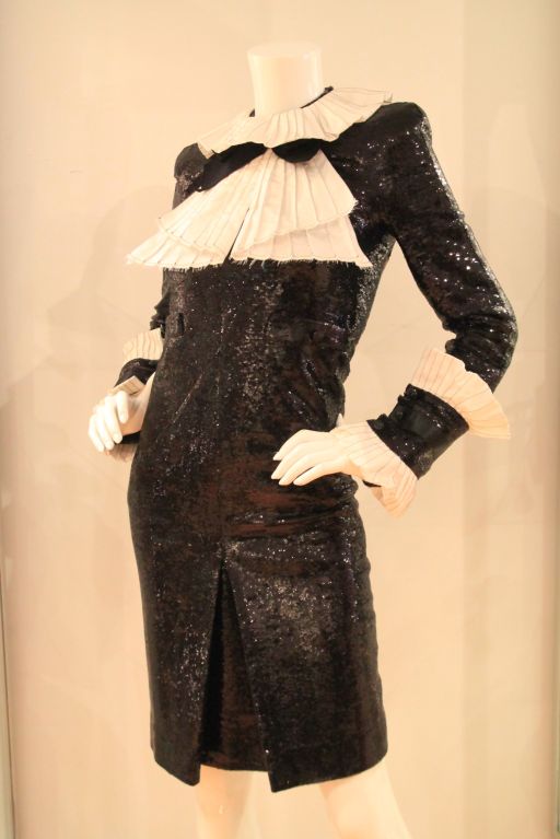 Chanel Black Sequin Tuxedo Cocktail Dress w Silk Trim sz.38 rt.$7500 In Excellent Condition In New York, NY