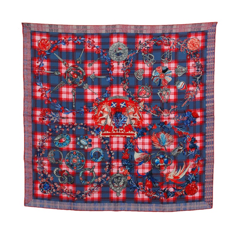 HERMES Red/Blue Plaid Border "Fleurs d'Ecosse" Silk Scarf