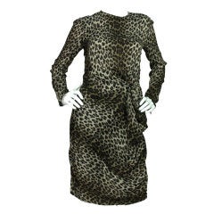 LANVIN Leopard Print Longsleeve Dress with Gathering on Side SZ