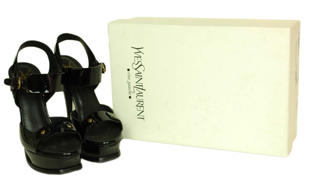 Women's YSL Black Patent Platform Sandals - Size 8