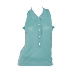 HERMES Moss Green Sleeveless Button Up Top with Collar - Size La