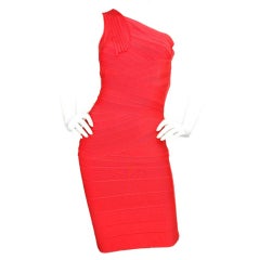 HERVE LEGER Orange One Shoulder Bandage Dress - Size Medium