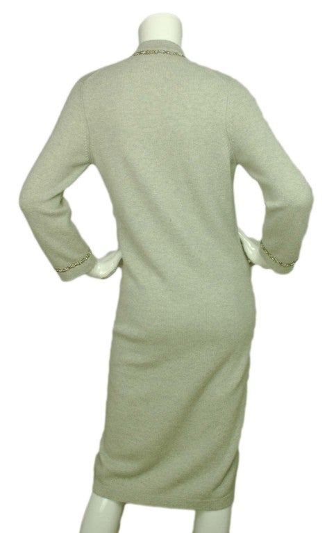 Women's CHANEL Grey Long Cashmere Sweater with Beaded Trim- Size Medium