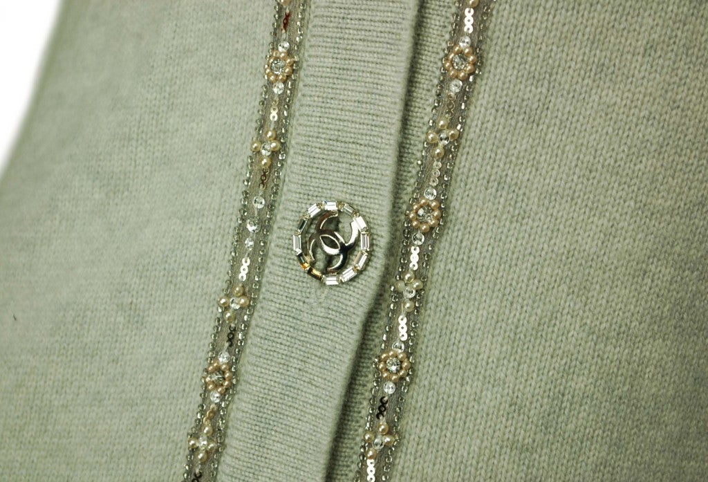 CHANEL Grey Long Cashmere Sweater with Beaded Trim- Size Medium 1