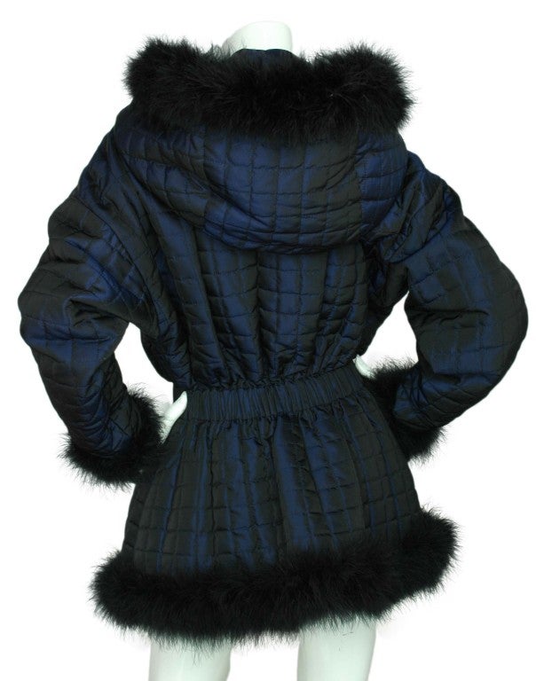 Women's CHANEL Blue Quilted Puffer Jacket with Feather Trim