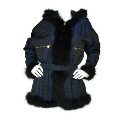 CHANEL Blue Quilted Puffer Jacket with Feather Trim