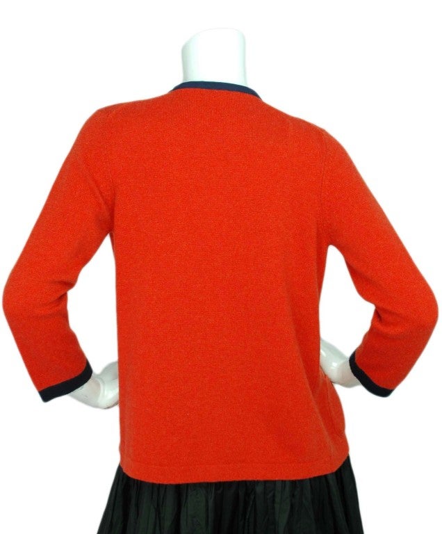 CHANEL Orange Cashmere Cardigan Sweater With Navy Trim and Chain Sz 36 ...
