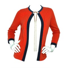 CHANEL Orange Cashmere Cardigan Sweater With Navy Trim & Chain Sz 36