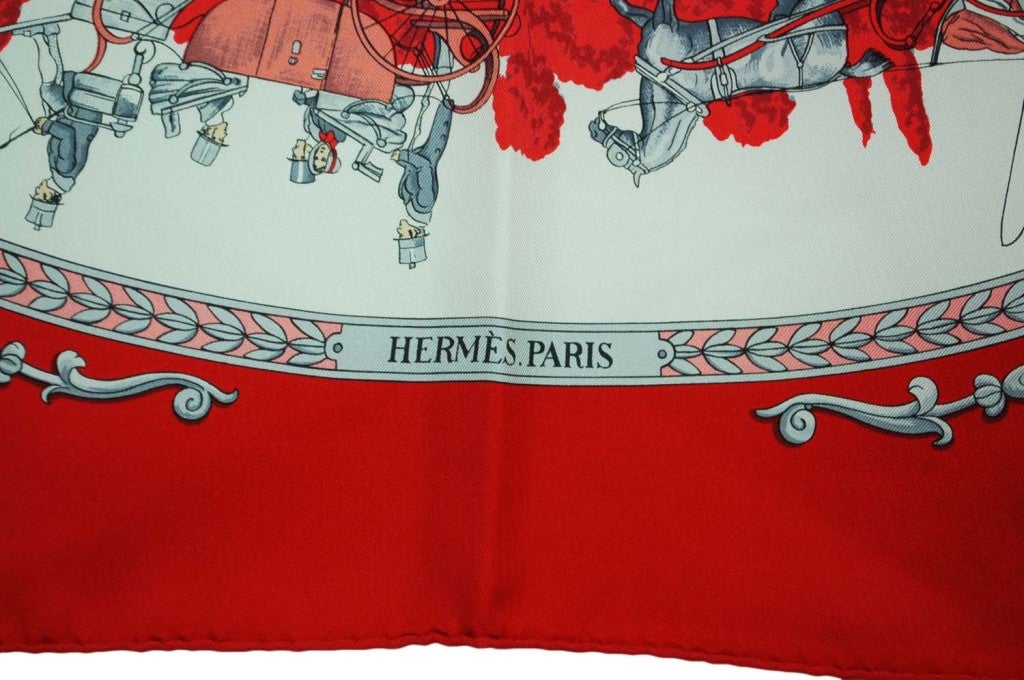 HERMES Red Silk Scarf La Promenade De Longchamps at 1stdibs