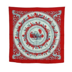 HERMES Red Silk Scarf La Promenade De Longchamps