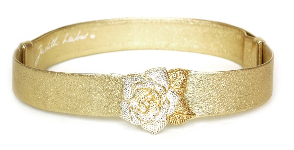 JUDITH LEIBER Gold Leather Belt With Crystal Rose - Size Medium
