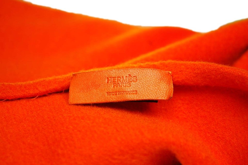 HERMES Dark Orange Cashmere and Leather Fringe Trim Shawl/Wrap 1